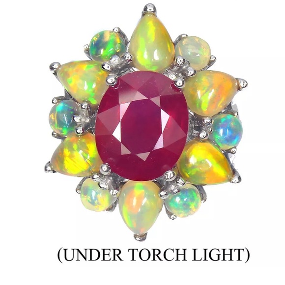 Natural Oval Red Ruby Fire Opal 14K White Gold Plate 925 Sterling Silver Ring